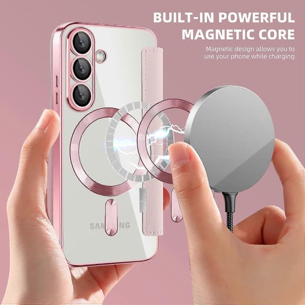 För Samsung Galaxy S25+ Mobilskal, Kompatibelt med MagSafe RFID-blockerande Läder Mobilskal - Rosa (Rosa)