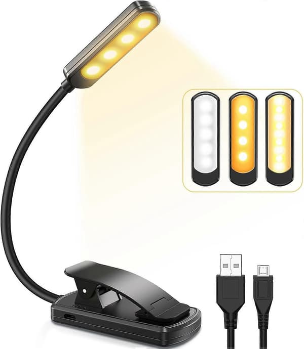 Læselampe, USB genopladelig klemme lampe, 3 farvetemperaturer (Hvid/Varm/Varm Hvid)