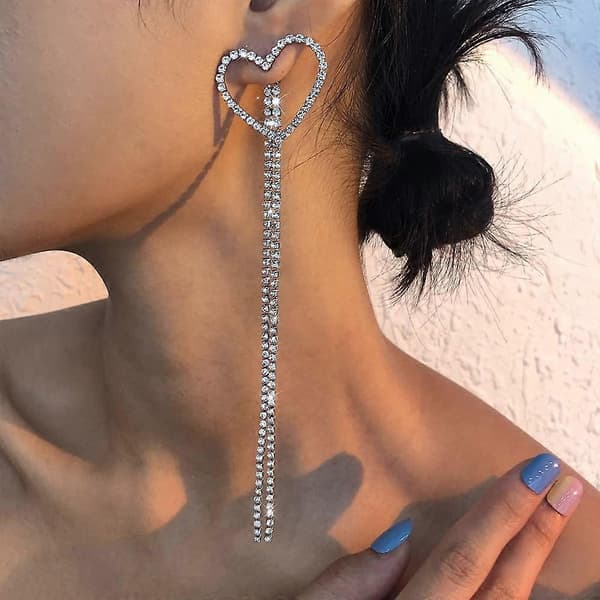 Lange Rhinestone Kvaster Øreringe Mode Sølv Boheme Kærlighed Hjerte Drop Dingle Øreringe til Kvinder og Piger