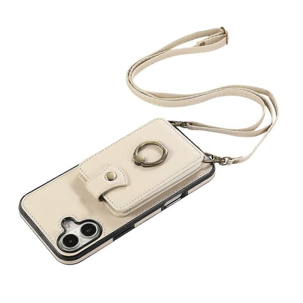 Mobilskal med korthållare, ringstativ, TPU PU-läder och lång rem för iPhone 17 (Beige, Beige)