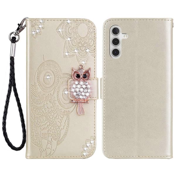 För Samsung Galaxy A54 5G Strass Mobilskal Tryckt Uggla Blomma Läderfodral med Ställ Plånbok (Guld, Guld)