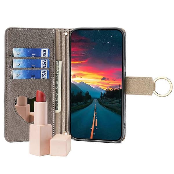 För iPhone XR Mobilskal PU Läder Telefonskydd Plånbok Sminkspegel med Axelrem - Grå (Grå)