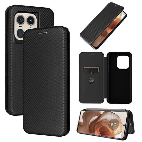 Flipfodral i läder med kolfibertextur (Svart, för Motorola Edge 50 Ultra)
