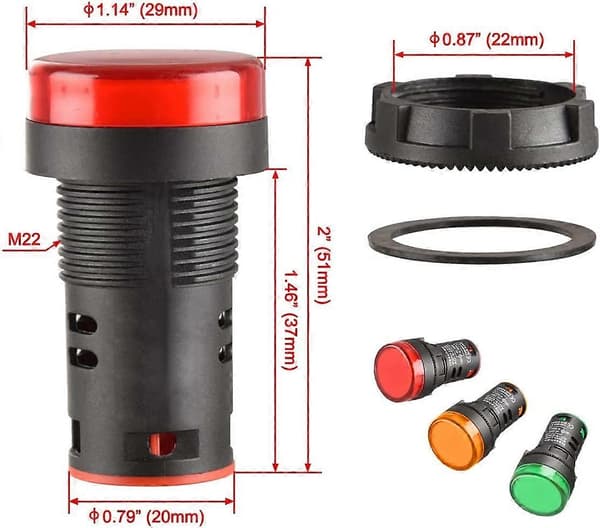 3-pack 22 mm LED-indikatorlampor, AD16-22D/S, 12 V DC 20 mA, röd, grön, gul