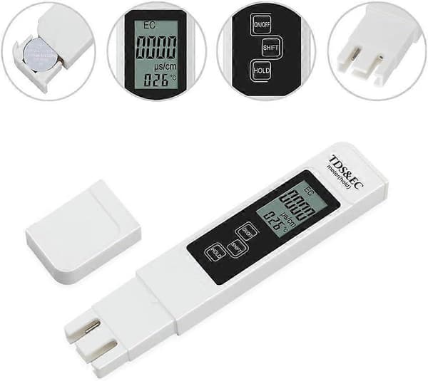 3 i 1 Digital Multifunksjonell Tester TDS EC og Temperaturmåling med Stor LCD-skjerm Digital Drikkevannskvalitetsmonitor, Hvit, 15,5*3.