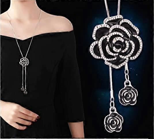 Rhinestone Sort Rose Vedhæng til Kvinder Sweaterkæde Krystal Tilbehør Festlig Samlokalisering Aftenfest Bryllup