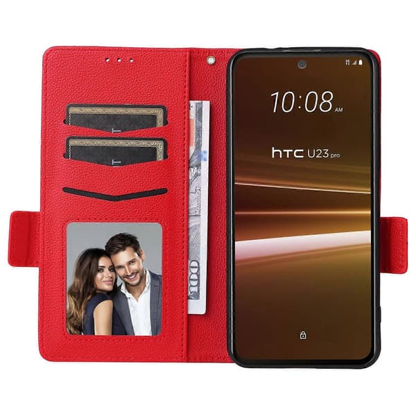Litchi tegnebog stativ PU læder telefoncover til HTC U23/U23 Pro 5G - Rød (Rød)