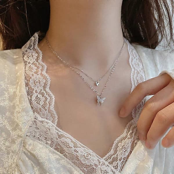 Sølv Sommerfugl Cubic Zircon Krystal Vedhæng Halskæde Kravebenskæde Kvinder