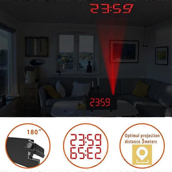 Projektionsväckarklocka med FM-radio USB-laddning LED Digital Dubbel Väckarklocka för Sovrum (Röd, Röda Bokstäver)