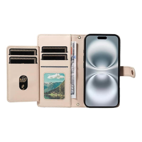 Plånboksfodral för iPhone 16 (med axelrem), Diamantläderfodral med stativ (Beige, Beige)