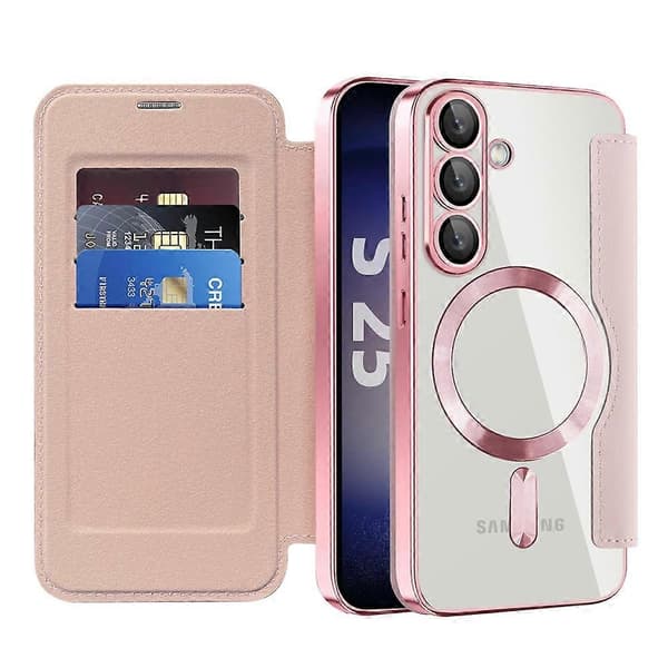 För Samsung Galaxy S25+ Mobilskal, Kompatibelt med MagSafe RFID-blockerande Läder Mobilskal - Rosa (Rosa)