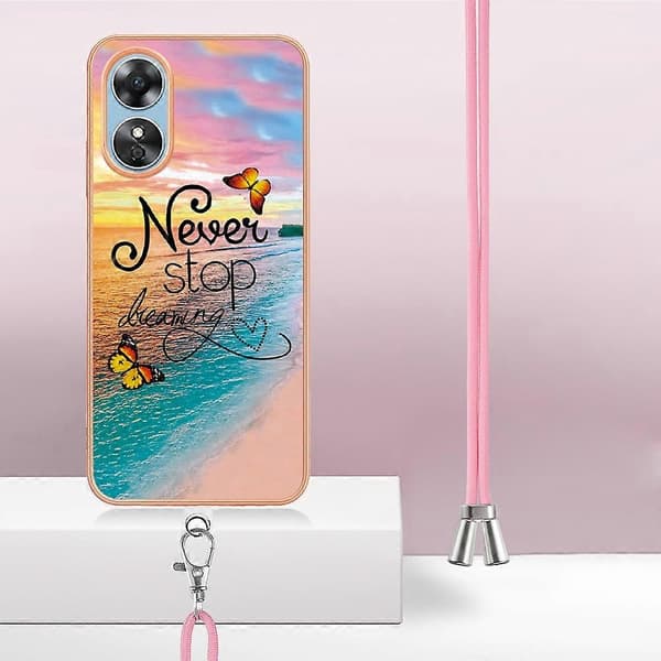 For Oppo A17 4G mobiltelefondeksel med snor IMD marmor elektroplettering TPU bakdeksel