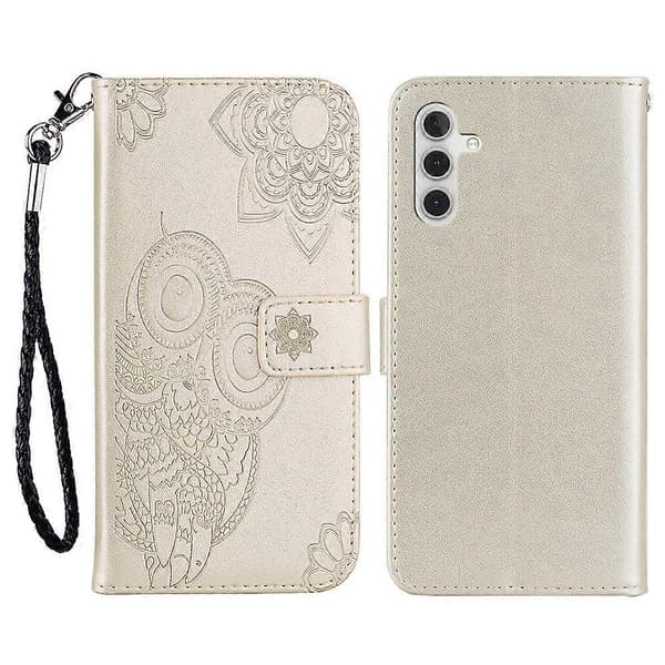 För Samsung Galaxy A16 5G/4G Uggla Blomma Tryck Läderfodral Plånbok Telefonfodral med Axelrem - Guld (Guld)