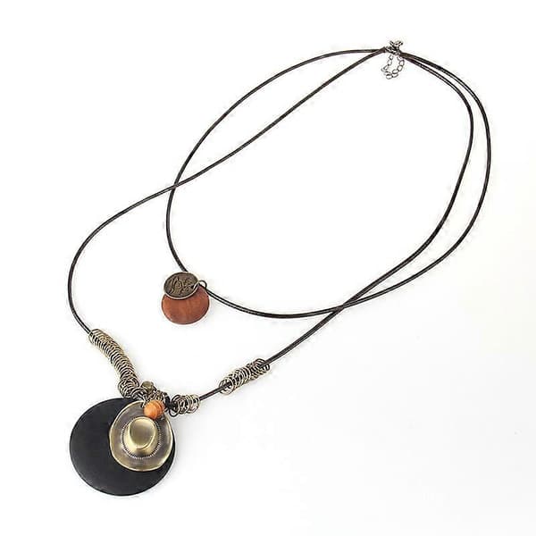 Lang halskæde til kvinder med trævedhæng, rebkæde, 2-lags choker halskæde, legering, sort