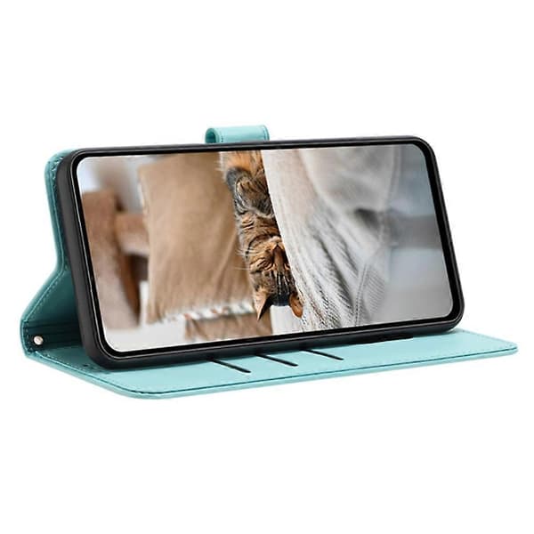 För iPhone 15 Plus/14 Plus Mobilskal med Rem Kattryck Läderplånbok Mobilskal - Grön (Grön)
