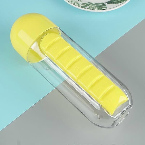 Bærbar 2-i-1 pilleboks/flaske - 600ml (gul) 1 stk