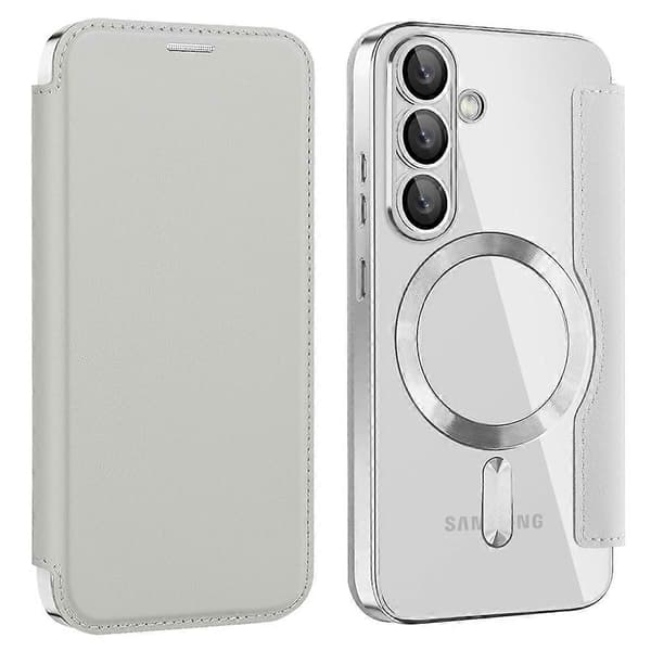 För Samsung Galaxy S25+ Mobilskal, Kompatibelt med MagSafe RFID-blockerande Läder Mobilskal - Silver (Silver)