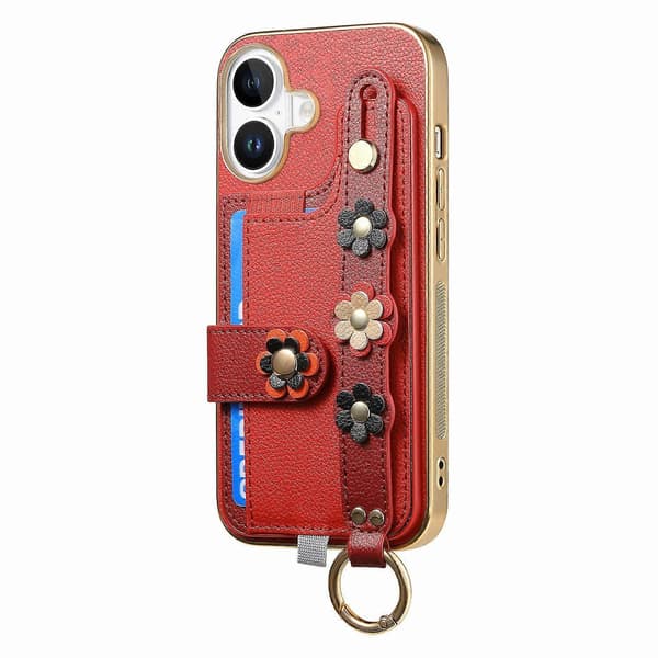 För iPhone 16 Plus Mobilskal Korthållare Läder Baksida 3D Blomma Armband - Röd (Röd)