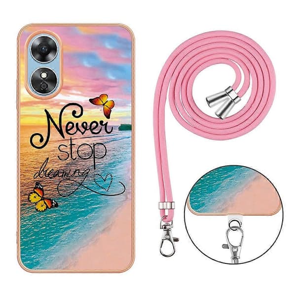 For Oppo A17 4G mobiltelefondeksel med snor IMD marmor elektroplettering TPU bakdeksel