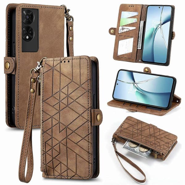 Til TCL 50 5G PU Læder Stand Wallet Case Geometrisk Print Telefon Cover - Brun (Brun)
