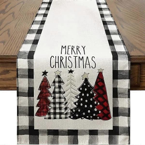 Juledug Lang Sort og Hvid Buffalo Plaid Linneddug til Jule- og Vinterdekoration (Juletræer) 183cm*33cm