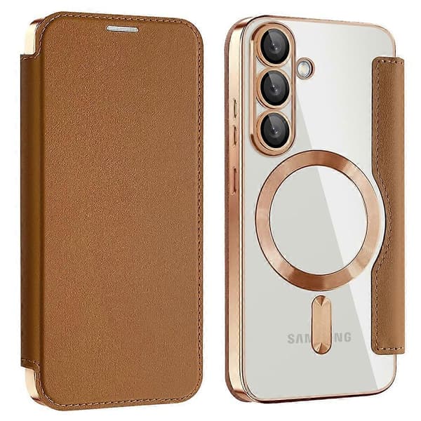 För Samsung Galaxy S25+ Mobilskal, Kompatibelt med MagSafe RFID-blockerande Läderfodral - Brun (Brun)