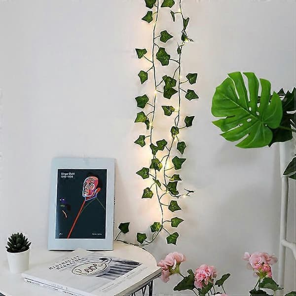 2 stk., kunstig efeu, 2 m bladlampeguirlande, kunstig plante med 20 LED-lys og grønne blade