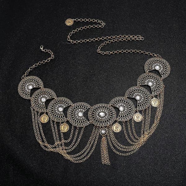 Boho Mønt Mavekæde Rhinestone Taljekæder Dans Sommer Kropssmykker til Kvinder og Piger (guld)