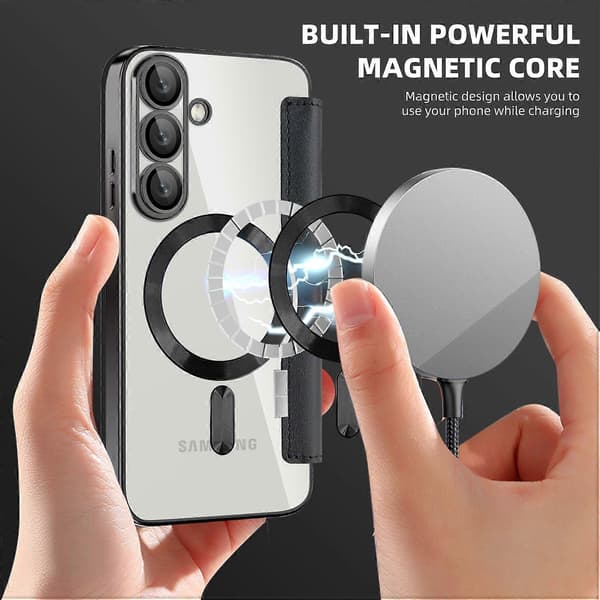 Til Samsung Galaxy S25+ Telefon Cover, Kompatibel med MagSafe Diamant PU Læder Telefon Cover - Sort (Sort)