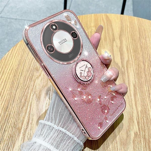 KADEM Fodral för Honor X60 5G med Ringfäste TPU Blomma Gradient Glitter Roséguld (Roséguld)