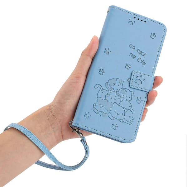 For iPhone 16e Telefondeksel med Kattetrykk Lær Lommebok Telefondeksel - Blå (Blå)