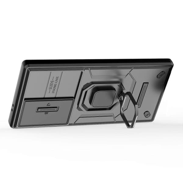 För Samsung Galaxy S24 Ultra Mobilskal Anti-fall PC+TPU Ställ Skyddsfodral med Skjutbart Linsskydd (Svart)