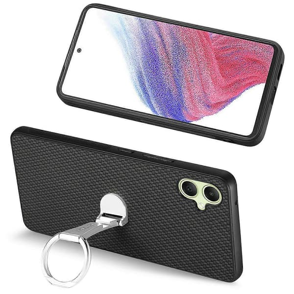 CASENEO C1-19 for Samsung Galaxy A06 Telefondeksel Sammenleggbart Stativ Lær Bakdeksel Karbonfibertekstur (Svart)