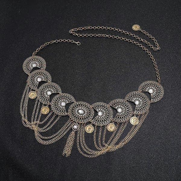 Boho Mønt Mavekæde Rhinestone Taljekæder Dans Sommer Kropssmykker til Kvinder og Piger (guld)