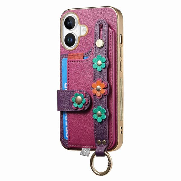 Til iPhone 16 Plus Telefon Cover Kortholder Læder Bagside Cover 3D Blomst Armbånd - Lilla (Lilla)