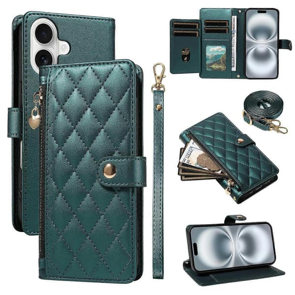 For iPhone 16 Wallet Case (med skulderrem), Diamant Læder Stand Case (Mørkegrøn, Mørkegrøn)