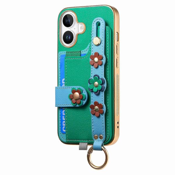 Til iPhone 16 Plus Telefon Cover Kortholder Læder Bagside 3D Blomst Armbånd - Grøn (Grøn)