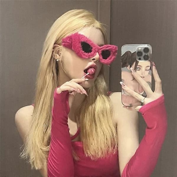 Plysset Fuzzy Katteøje Solbriller Punk Bløde Velour Shades rosarød