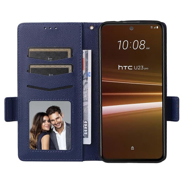 För HTC U23/U23 Pro 5G Litchi Plånboksfodral PU Läder Telefonfodral - Mörkblå (Mörkblå)