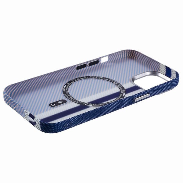For iPhone 14 MagSafe Telefondeksel Karbonfibertekstur Vanntransfertrykk PC Telefonbeskyttelsesdeksel (Blå Vertikale Striper)