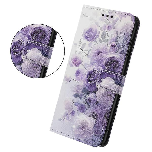 Plånboksfodral för iPhone 17 Pro Max, tryckt PU-läderfodral med snodd (Lila Ros)