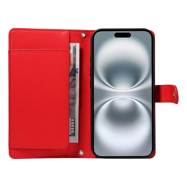 Plånboksfodral för iPhone 16 (med axelrem), Diamantläderfodral med stativ (Röd, Röd)