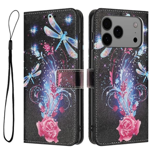 Plånboksfodral för iPhone 17 Pro Max, tryckt PU-läderfodral med snodd (Dragonfly)