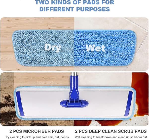 18\" Profesjonelt Mikrofiber Mopp Gulvrengjøringssystem, Flat Mopp med Håndtak i Rustfritt Stål, 4 Gjenbrukbare Vaskbare Moppeputer
