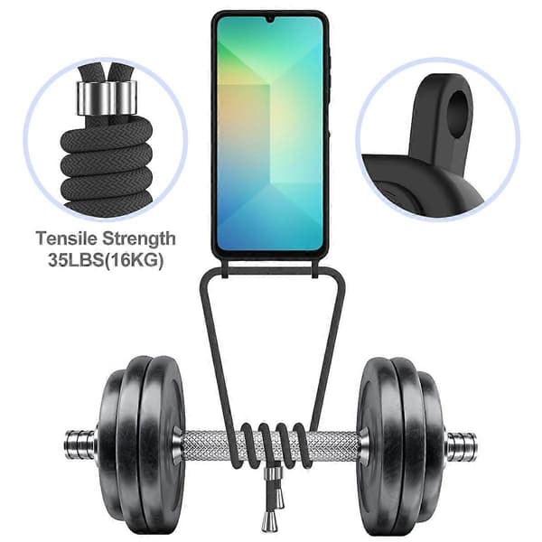 Flydende silikone telefoncover med kortholder og lanyard til Samsung Galaxy A06 - Sort (Sort)