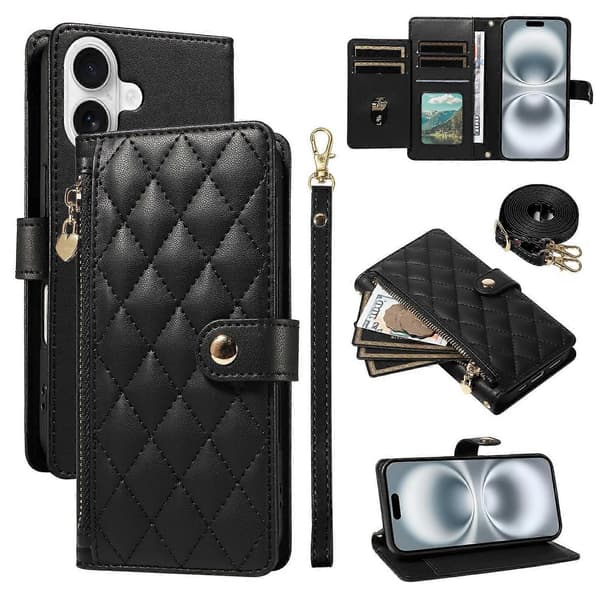 For iPhone 16 Wallet Case med skulderrem, diamant læder stander etui (sort, sort)