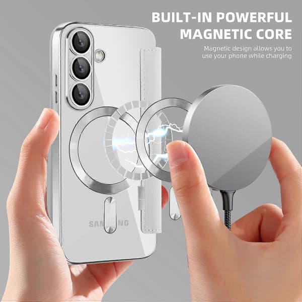 Til Samsung Galaxy S25+ Telefoncover, Kompatibelt med MagSafe RFID-blokerende lædertelefoncover - Sølv (Sølv)
