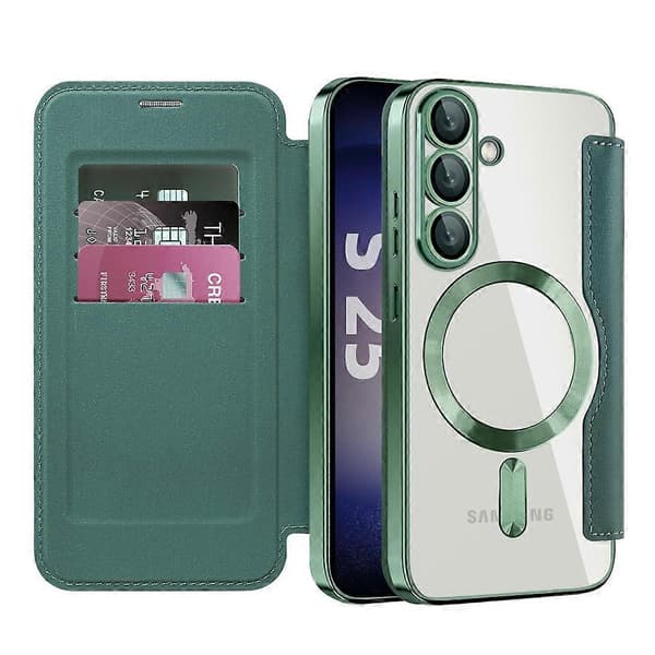 Til Samsung Galaxy S25+ Telefoncover, Kompatibelt med MagSafe RFID-blokerende lædertelefoncover (Sort Grøn)