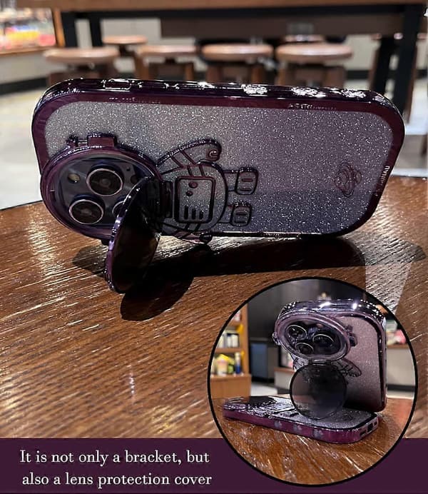 Astronaut Dold Ställ Telefonfodral för iPhone 14 Pro Max, Sött Astronaut Lins Kameraskydd Stödfodral Lyxigt Glitter Bling