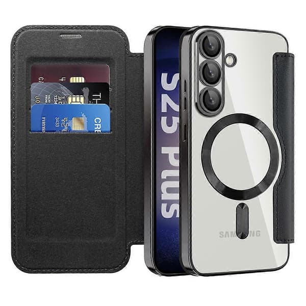 Til Samsung Galaxy S25+ Telefon Cover, Kompatibel med MagSafe Diamant PU Læder Telefon Cover - Sort (Sort)